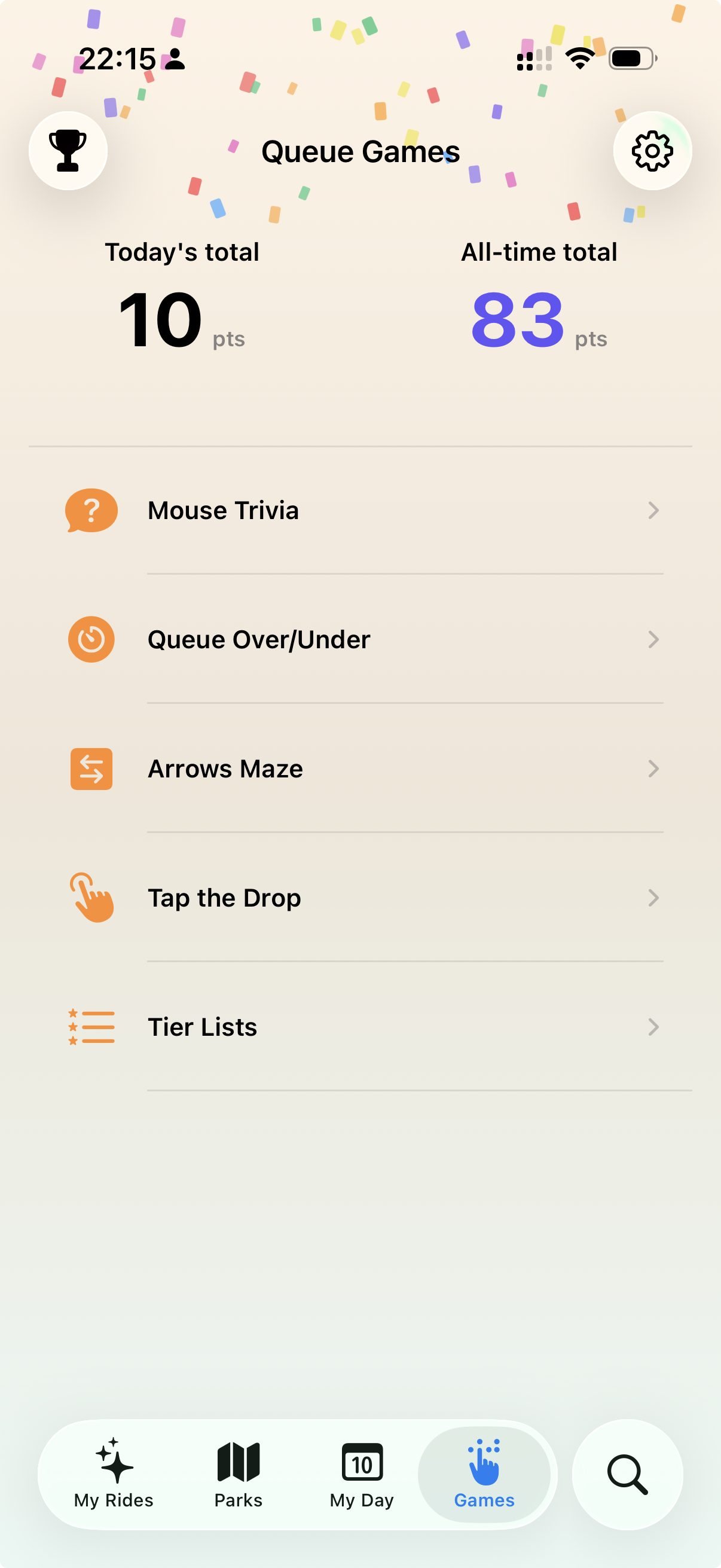 Ride Radar queue games menu