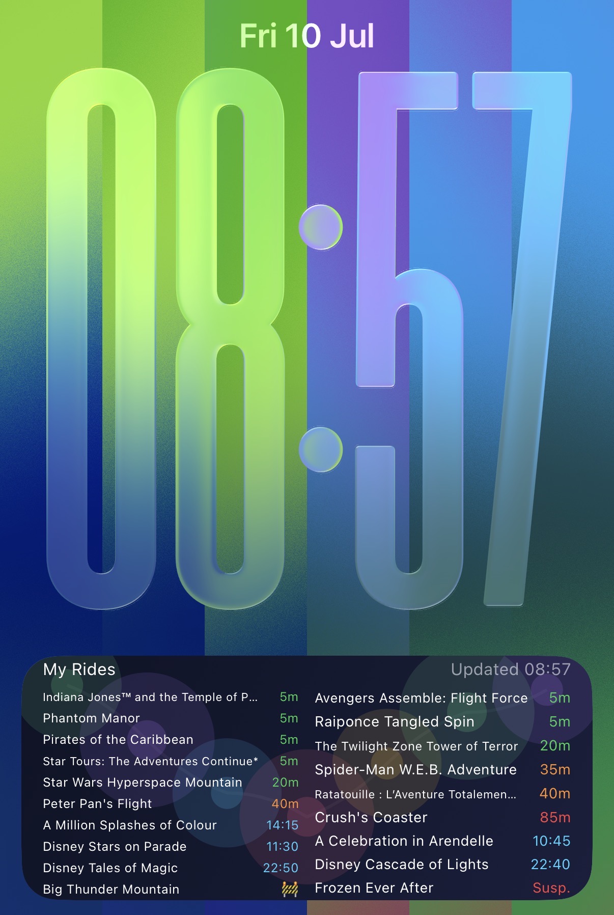 Ride Radar Live Activity showing current favourite ride waits and showtimes on the Lock Screen
